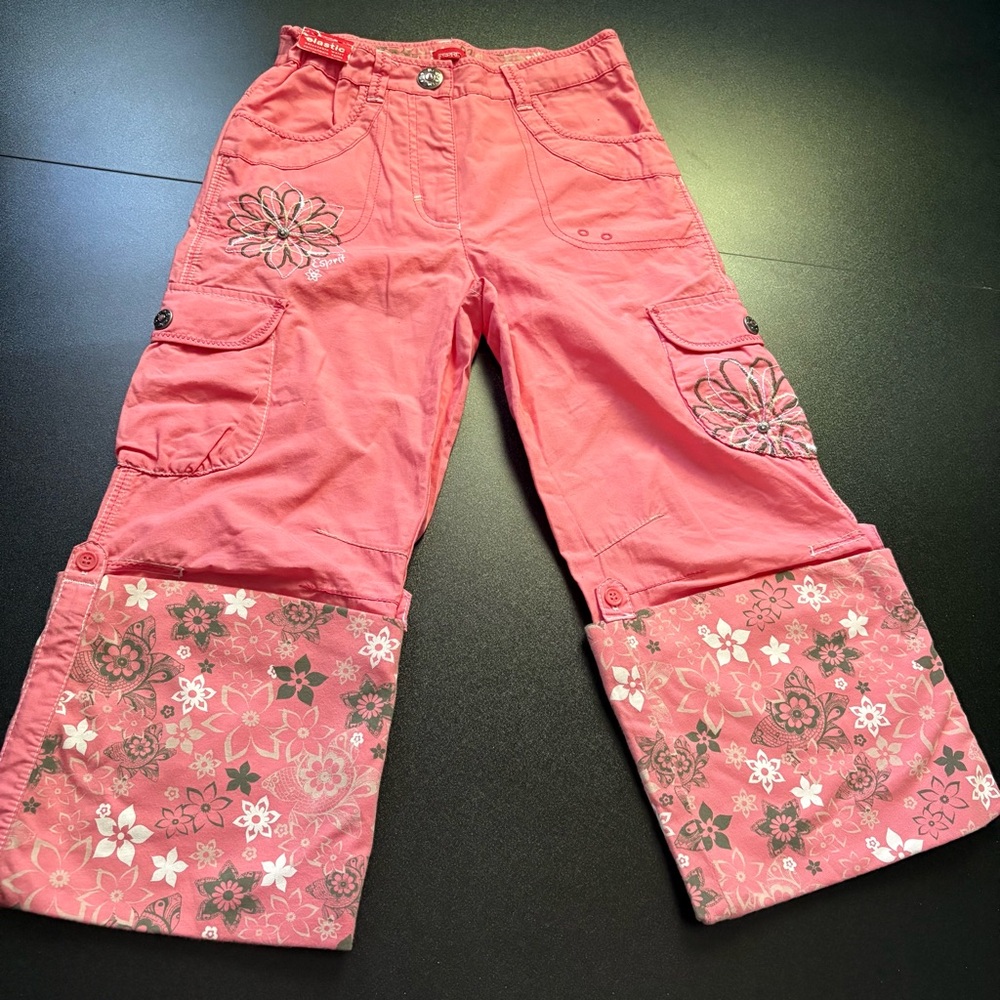 Y2K style Esprit Mini Girls Pink Cargo Pants‎ Floral Print Size 10 wide leg